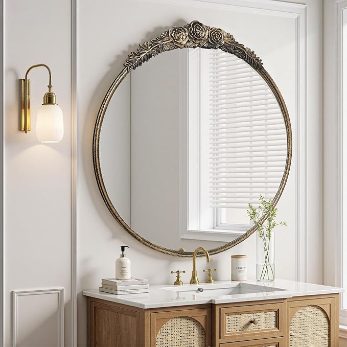 Growsun Round Wall Mirror with Vintage Black Floral Frame – 28 Inch Decorative Wall Mirror for Living Room, Bedroom, Entryway, Bathroom Vanity – Elegant Antique Accent Home Décor