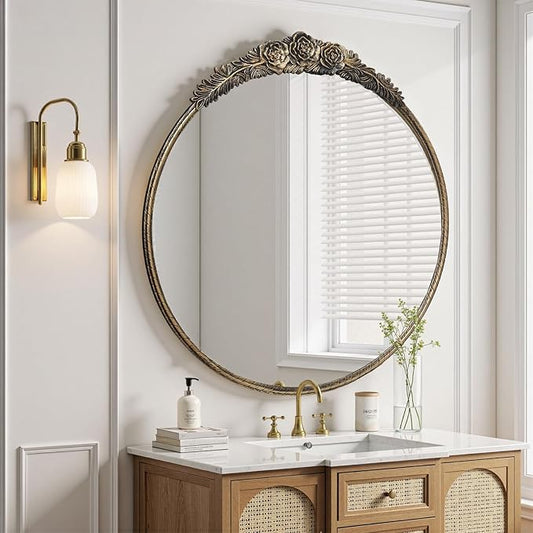 Growsun Round Wall Mirror with Vintage Black Floral Frame – 28 Inch Decorative Wall Mirror for Living Room, Bedroom, Entryway, Bathroom Vanity – Elegant Antique Accent Home Décor