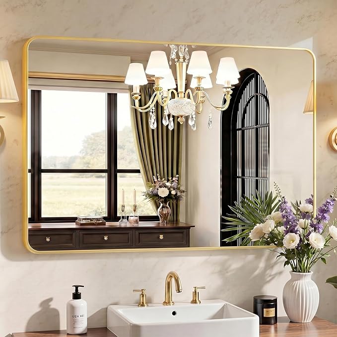OLIXIS Bathroom Mirror for Over Sink, 48x30 Inch Wall Mount Mirror with Rounded Rectangle and Matte Metal Framed, Modern Wall Vanity Mirror for Home Decor, Living Room, Bedroom, Gold