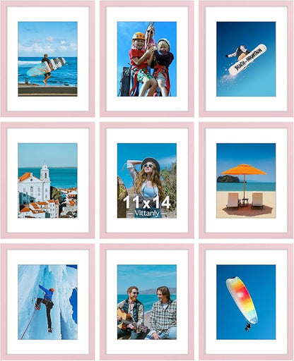 Vittanly 11x14 Picture Frames Set of 9, Display 8x10 Pictures with Mat or 11x14 without Mat, Photo Frames for Wall or Tabletop with Plexiglass, Engineered Wood, Pink