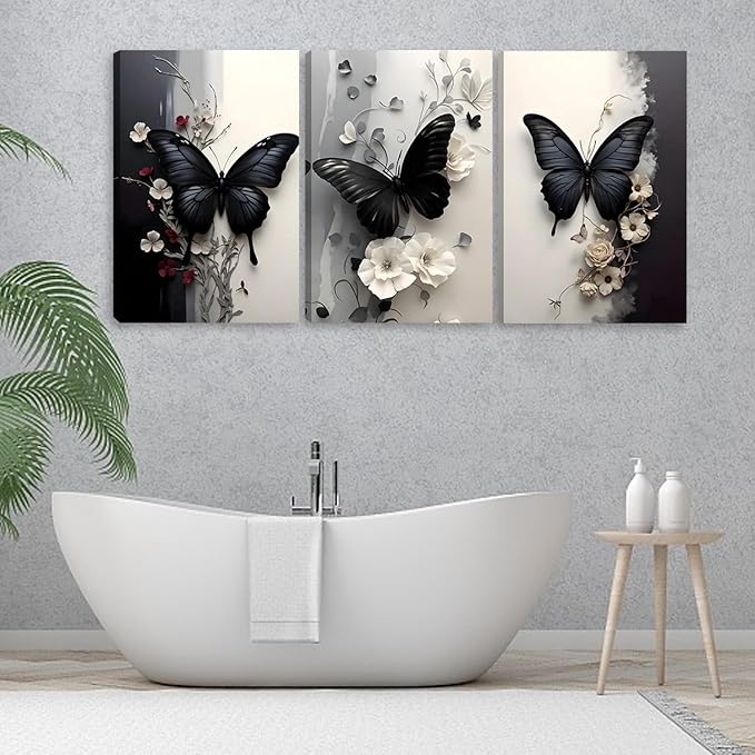 Pormipone 3 Pcs Black Butterfly Canvas Wall Art, White Flower Wall Decor, Butterfly Picture for Wall Living Room Bathroom Bedroom Home Decoration 16 * 24 in (Stretched Canvas on A Wooden Frame)