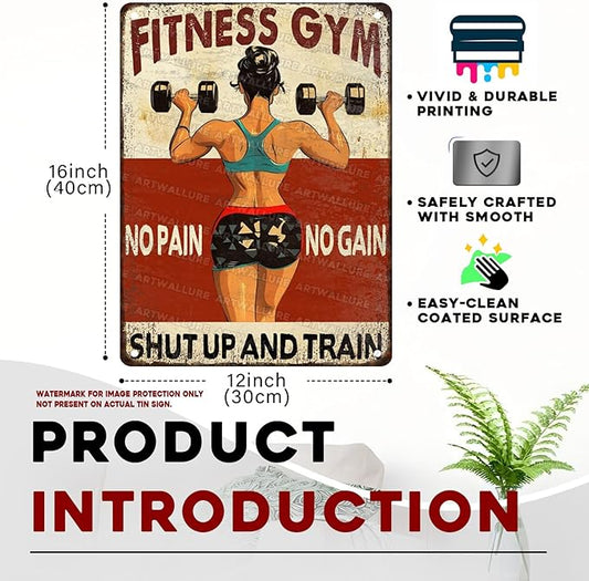 Fitness Gym Vintage Tin Sign No Pain No Gain And Train Metal Tin Signs Funny Weightlifting Workout Decor Gym Poster Room Wall Art 12x16inch