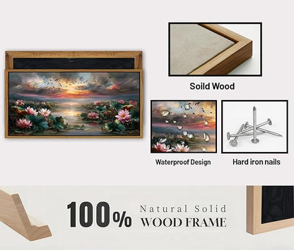 Zen Wall Art Framed Pink Lotus Flower Decor Abstract Blooming Botanical Canvas Prints Vintage Floral Pictures Nature Sunset Pond Landscape Modern Artwork for Bedroom Living Room Home Decoration 30x57.8"