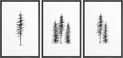 SIGNLEADER Framed Canvas Print Wall Art Three Pine Tree Portraits Nature Flower Drawings Modern Art Zen Scenic Relax/Calm Black and White for Living Room, Bedroom, Office - 16"x24"x3 BLACK