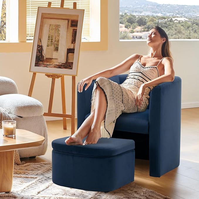 COLAMY Morden Velvet Living Room Side Chair with Storage Ottoman Set of 2, Single Sofa Armchair with Lounge Seat, Upholstered Barrel Accent Chair for Bedroom/Office/Reading Spaces, Blue