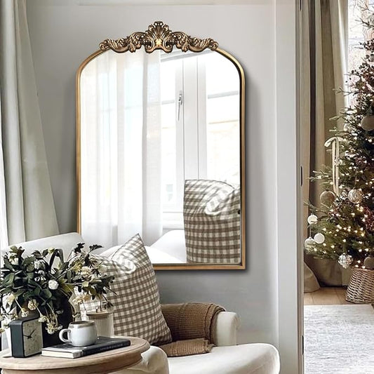 OUSHUAI Gold Antique Mirror,24"X36" Arched Bathroom Mirror,Victorian Antique Bronze Mirrors with Full Matel Frame,Wall Arch Mirror for Entryway/Bathroom/Fireplace