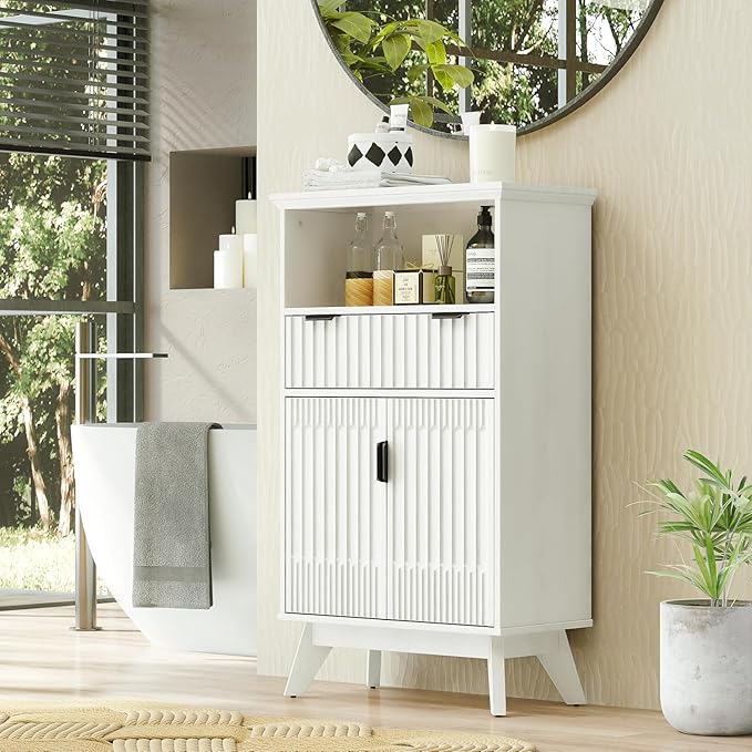 Fatmok Buffet Cabinet with Storage Set of 2, 40" Modern Fluted Coffee Bar Cabinet with Drawer & Open Shelf, Wood Buffet Sideboard Console Table for Entryway, Kitchen, Living Room (White)