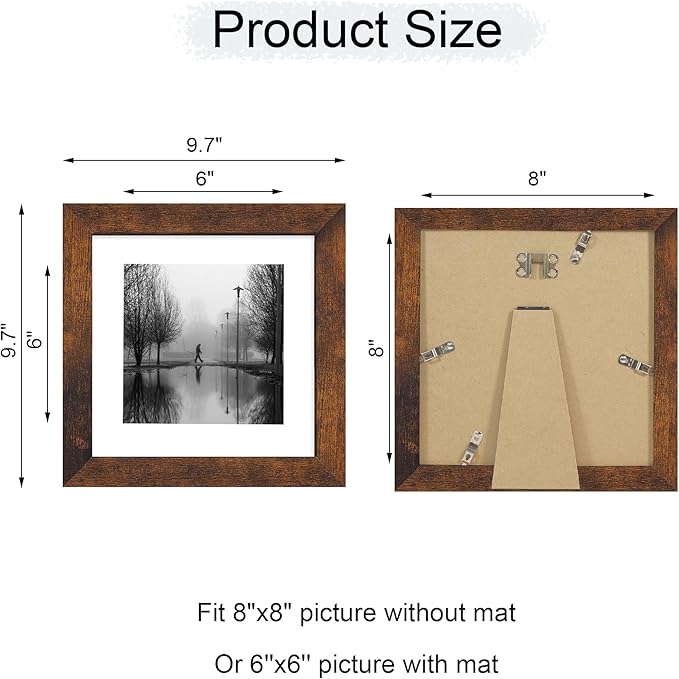 iRahmen 8x8 Picture Frame with Mat 6x6 - High Definition Real Glass Wooden Photo Frames for Tabletop Display and Wall Mounting (Dark Brown, Set of 2)