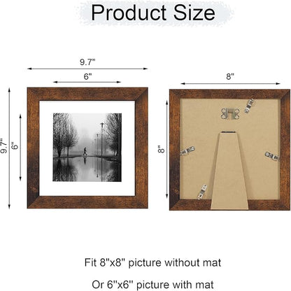 iRahmen 8x8 Picture Frame with Mat 6x6 - High Definition Real Glass Wooden Photo Frames for Tabletop Display and Wall Mounting (Dark Brown, Set of 2)