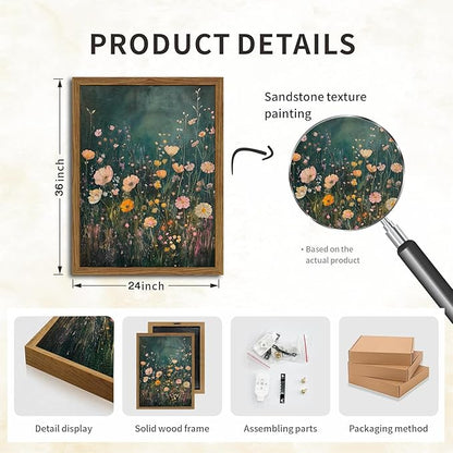 Dark Green Wildflower Wall Art Vintage Moody Botanical Wall Decor Painting Cottagecore Floral Plant Artwork 3D Textured Sandstone for Living Room Bedroom 24x36 inch Wood Framed