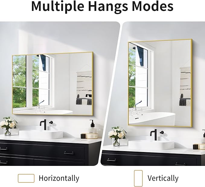 COFENY 30x40In Gold Bathroom Mirror for Wall, Brushed Gold Rectangle Mirrors with Metal Frame, Bathroom Rectangular Mirror Modern Wall Mirror for Bedroom Living Room, Hangs Horizontal or Vertical