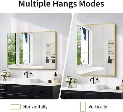 COFENY 30x40In Gold Bathroom Mirror for Wall, Brushed Gold Rectangle Mirrors with Metal Frame, Bathroom Rectangular Mirror Modern Wall Mirror for Bedroom Living Room, Hangs Horizontal or Vertical