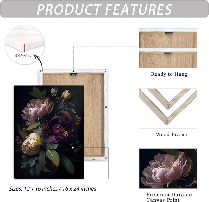 ICHZUMW Moody Floral Wall Art Framed, Vintage Peony Wrapped Canvas Wall Art, Set of 3, Dark Academia Floral Prints, Gothic Flower Pictures for Bedroom Living Room Decor, Elegant Botanical Home Decor