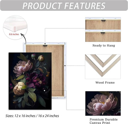 ICHZUMW Moody Floral Wall Art Framed, Vintage Peony Wrapped Canvas Wall Art, Set of 3, Dark Academia Floral Prints, Gothic Flower Pictures for Bedroom Living Room Decor, Elegant Botanical Home Decor