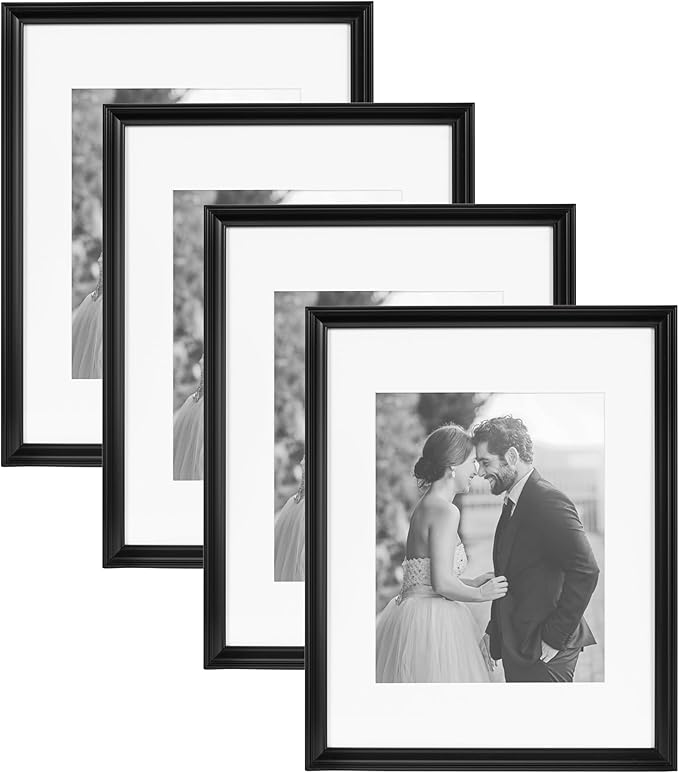 Kate and Laurel Adlynn Rectangle Picture Frame Set of 4; 11 x 14 matted to 8 x 10; Black; Modern Glam Four-Piece Frame Set for Gallery Wall Frame Set in Living Room Wall Decor