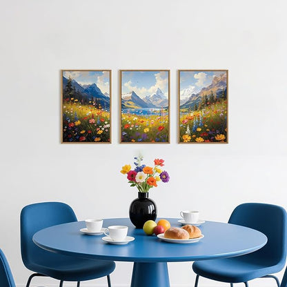 HOURIA Spring Boho Vibrant Watercolor Wildflower & Snowy Mountain Framed Canvas Wall Art Set,Colorful Floral Landscape Decor,Modern Natural Field Scenery Artwork for Living Room,Bedroom,Farmhouse-16"x24"x3