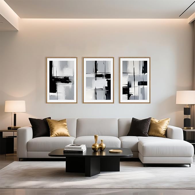 HPNIUB Black Grey Modern Abstract Framed Canvas Wall Art Neutral Minimalist Brush Prints Wall Decor,Mid-Century Geometric Line Artwork for Living Room,Bedroom,Office Decor-16''x24''x3