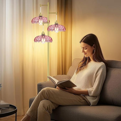Vintage Floor Lamps for Living Room Bedroom-3 Light Glass Floor Lamp with Three Led Bulb, Tall Flower Floor Lamp Gold Mid Century Modern Standing Lamp Tree Floor Lamps for Living Room Bedroom Corner