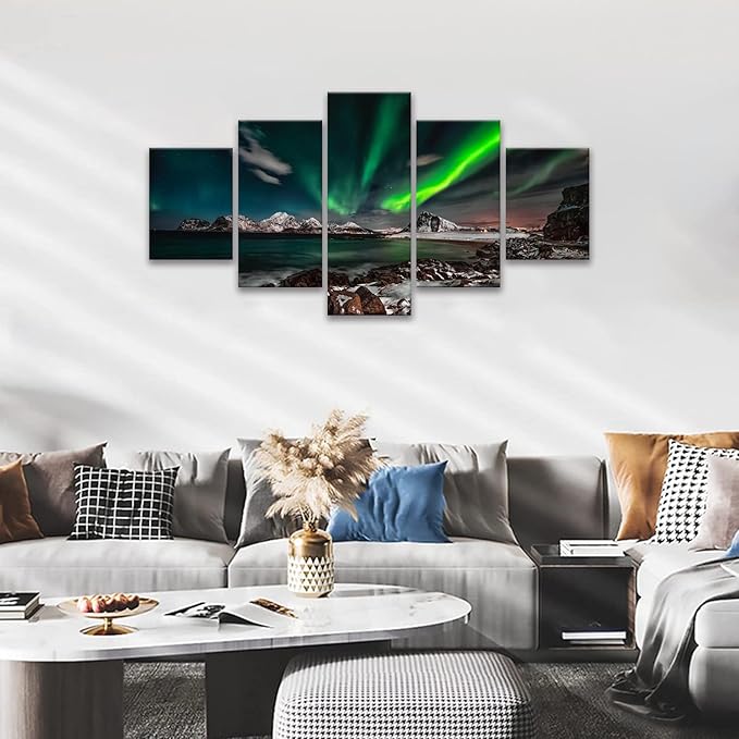 Canvas Art Home Decor Green Northern Lights Over an Ocean Filled with Rocks Canvas Wall Art Print Southcentral Alaska Framed Artwork Canvas Printing Framed Home Decor Ready to Hang(70Wx40H)