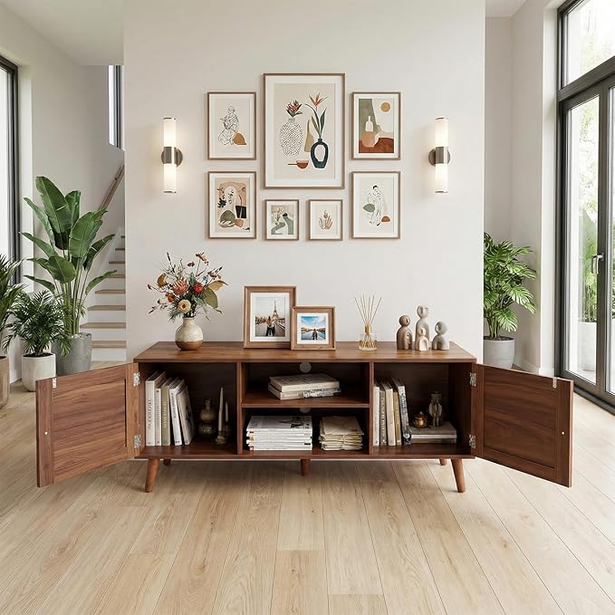 holzart Mid Century Modern Rattan TV Stand for 55/60 Inch TV - 53" Boho Media Console Table with Cane Doors & Open Shelves, Rustic Brown Entertainment Center for Living Room, Hallway, Entryway