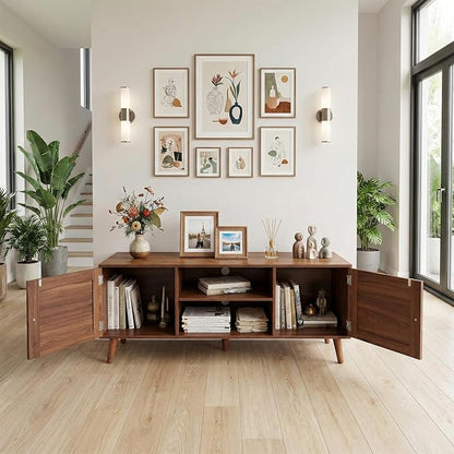 holzart Mid Century Modern Rattan TV Stand for 55/60 Inch TV - 53" Boho Media Console Table with Cane Doors & Open Shelves, Rustic Brown Entertainment Center for Living Room, Hallway, Entryway