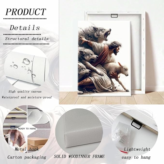 Jesus and Lamb Wall Art Jesus Saves the Lost Sheep Christian Picture Wall Decor Shepherd Protect a Lamb from Wolves Painting Poster Print Artwork for Living Room Bedroom Church Decor 24X36 in canvas