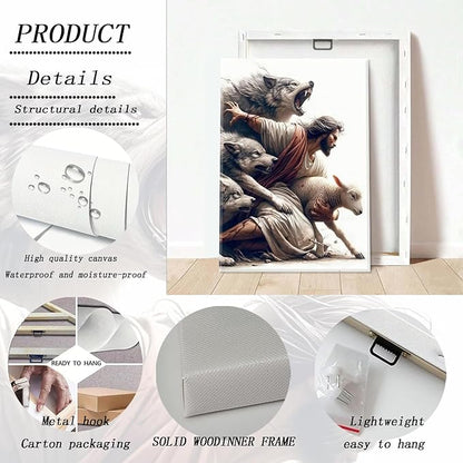 Jesus and Lamb Wall Art Jesus Saves the Lost Sheep Christian Picture Wall Decor Shepherd Protect a Lamb from Wolves Painting Poster Print Artwork for Living Room Bedroom Church Decor 16X24 in canvas