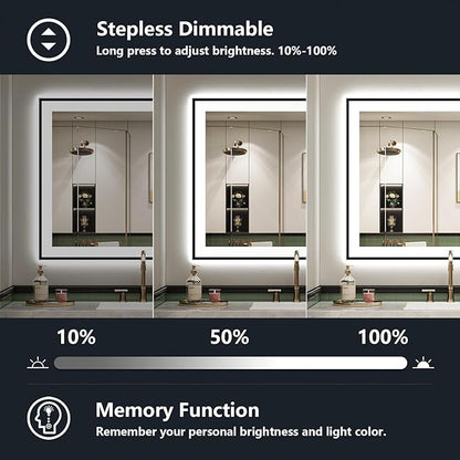 28x32 Inch LED Bathroom Mirror with Lights (Front Lit and Backlit) Black Framed Lighted Vanity Mirror for Bathroom Wall Dimmable Anti-Fog Memory Tempered Glass Horizontal/Vertical