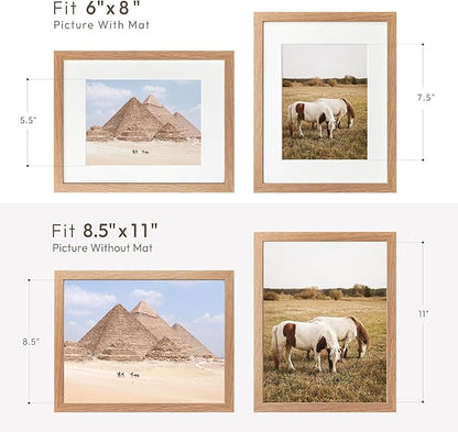 8.5x11 Picture Frame, Solid Oak Wood 8.5 by 11 Picture Frame with Mat to 6x8(Openning Size is 5.5x7.5), 11x8.5 Natural Oak Frames for Wall and Tabletop Display, Set of 3