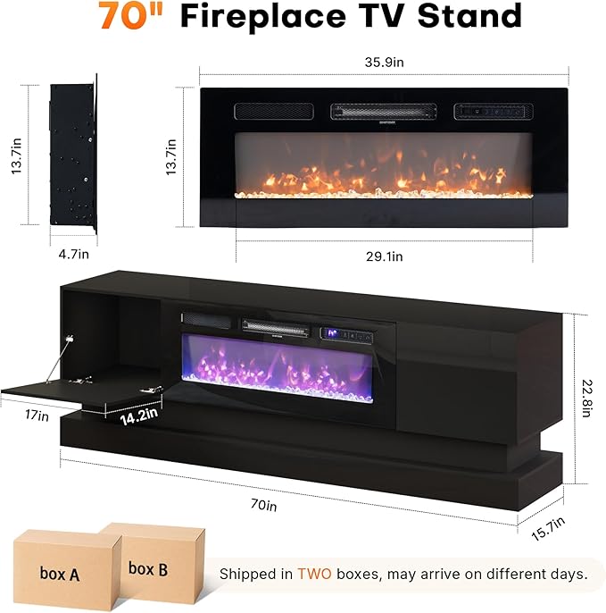 WelFurGeer 36" Electric Fireplace TV Stands with LED Lights, High-Gloss Modern Media Console Table for TV up to 75", Black Fireplace TV Stand with Storage, Entertainment Center for Living Room