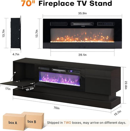 WelFurGeer 36" Electric Fireplace TV Stands with LED Lights, High-Gloss Modern Media Console Table for TV up to 75", Black Fireplace TV Stand with Storage, Entertainment Center for Living Room