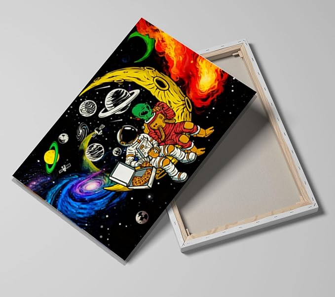 12x16 Space Astronaut Alien Pizza Party Canvas Wall Art Black Cosmic Prints Moon Planet Poster Home Framed Decor Kids Bedroom Fantasy Painting Teen Boy Room Funny Gift Picture Child Study Room Photo