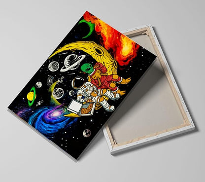 12x16 Space Astronaut Alien Pizza Party Canvas Wall Art Black Cosmic Prints Moon Planet Poster Home Framed Decor Kids Bedroom Fantasy Painting Teen Boy Room Funny Gift Picture Child Study Room Photo