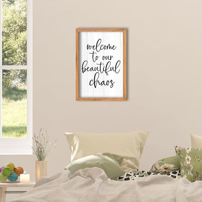 AuraPeak Welcome To Our Beautiful Chaos Sign Home Living Room Wall Decor Modern Family Rustic Farmhouse House Entryway Bedroom Hanging Horizontal Plaque Wall Art (Wood 16"×11")