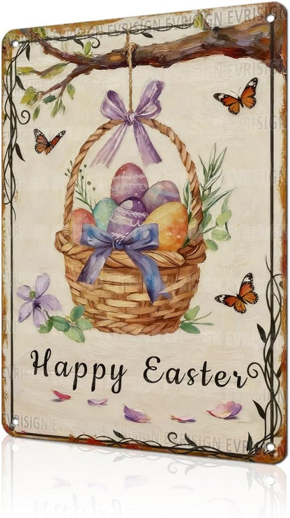 Happy Easter Metal Sign Retro Fun Design Family Party Decor Tin Wall Panel For Home Living Room Kitchen Easter Celebration 8x12Inch