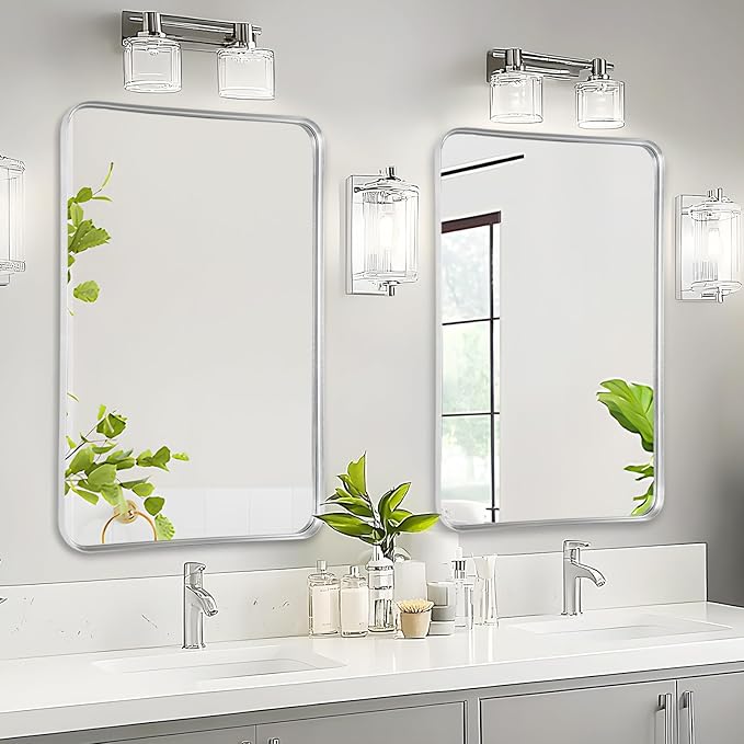 Bathroom Mirror Wall - 24x36 Inch Silver Framed Rectangular Mirror for Bathroom Over Sink, Brushed Metal Frame Mirrors for Restroom, Entryway