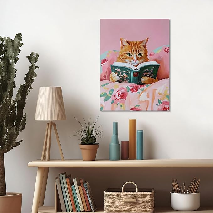 Framed Vintage Cats Canvas Wall Art, Funny Animal Reading Books Poster Printing Pictures, Pink Cute Cat Lovers Wall Decor for Girls Room Bedroom Kids Room Living Room Bathroom 12x16 in