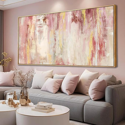 SOUGUAN Pink and Gold Pictures Canvas Wall Art for Bedroom Abstract Hand Paintings Home Decor for Bedroom Kitchen Office Wall Decorations Ready to Hang 30 x 60 Inch