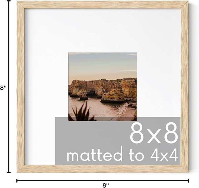 HAUS AND HUES Beige Oak Wood 8x8 Picture Frame Matted to 4x4 - Square Frame with Plexiglass, Modern Wall or Tabletop Frame (8x8 in, Beige, Set of 1)
