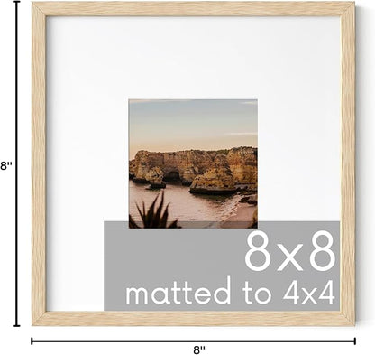 HAUS AND HUES Beige Oak Wood 8x8 Picture Frame Matted to 4x4 - Square Frame with Plexiglass, Modern Wall or Tabletop Frame (8x8 in, Beige, Set of 1)