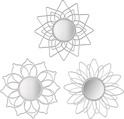 Silver Mirrors for Wall, 9 inch Metal Flower Mirrors Home Valentine Decoration, Valentine Wall Art Decorative Mirror Small Mirror for Living Room Bedroom, Entrance Set of 3