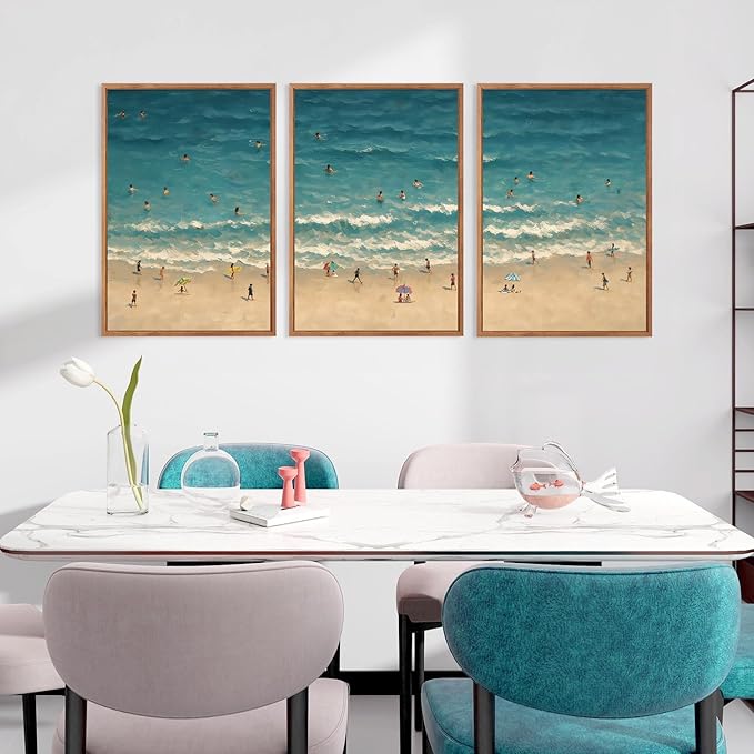 HLNIUC Summer Beach Framed Canvas Wall Art,Large Coastal Sea Wave Wall Decor,Blue Ocean Swimming Artwork Set of 3(24x36),Watercolor Seaside Holiday Art Prints for Living Room, Bedroom,Office