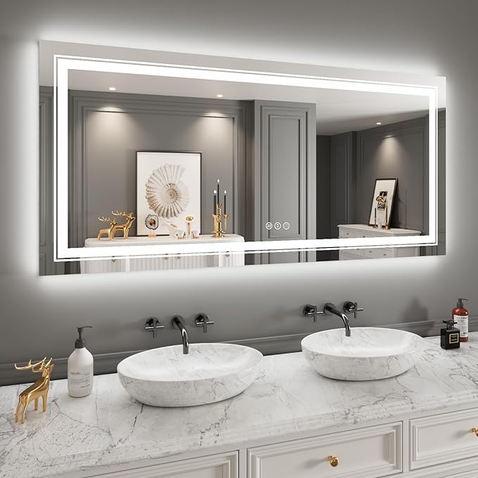 Snowdool 28x60 LED Bathroom Mirror with Front and Backlight, Dimmable Lighted Bathroom Vanity Mirror with Anti-Fog, Memory Function,Tempered Glass(Horizontal/Vertical)