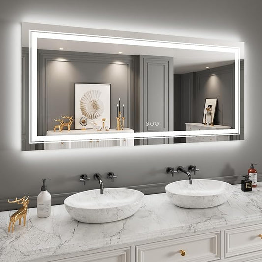 Snowdool 28x60 LED Bathroom Mirror with Front and Backlight, Dimmable Lighted Bathroom Vanity Mirror with Anti-Fog, Memory Function,Tempered Glass(Horizontal/Vertical)