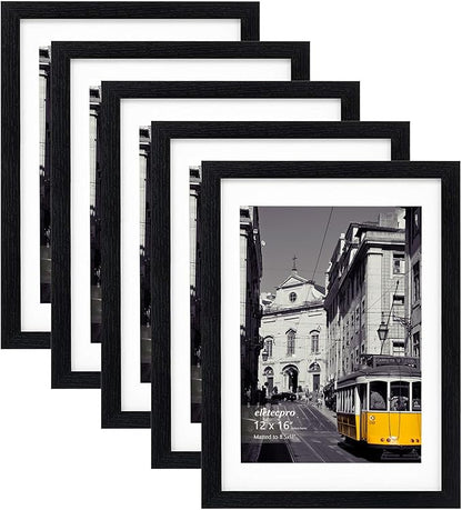 eletecpro 12x16 Picture Frames Set of 5, Gallery wall frame Display 8.5x11 Photo with Mat or 12x16 without Mat, Picture Frame Collage Wall Decor for Wall Mounting, Black