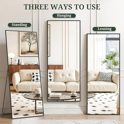 Mirror Full Length 64"x21" Full Body Floor Mirror with Stand, Shatterproof Glass, Aluminum Alloy Frame, Free Standing Wall Mounted or Leaning Rectangle Mirrors for Bedroom Living Room Entryway
