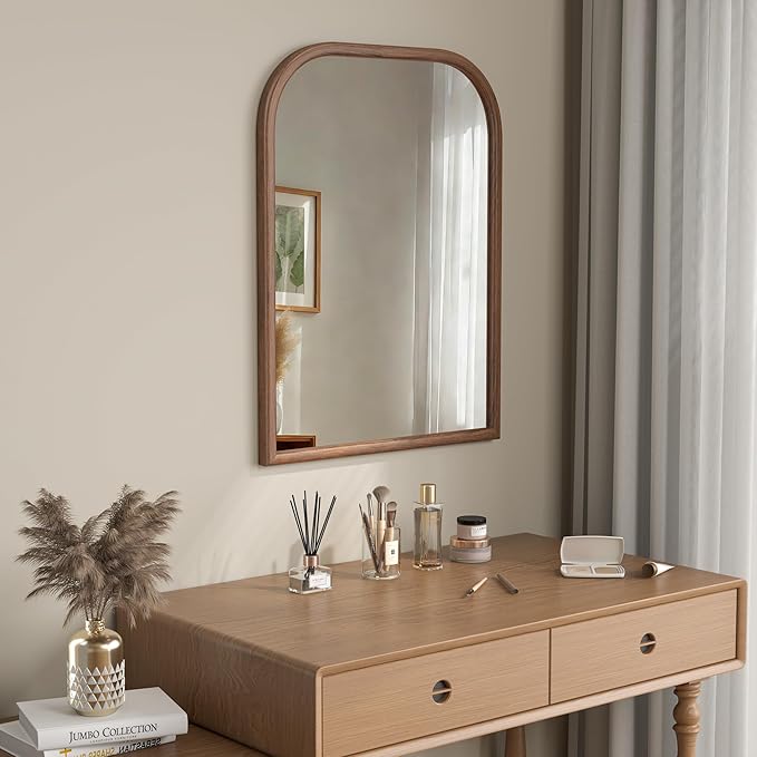 24"x32" Arch Wall Mirror for Wall, Wall Mounted Vanity Mirror for Bedroom, Wood Grain Finish Frame Mirror with Tempered Glass, Vintage Decorative for Bathroom, Entryway, Living Room, Walnut