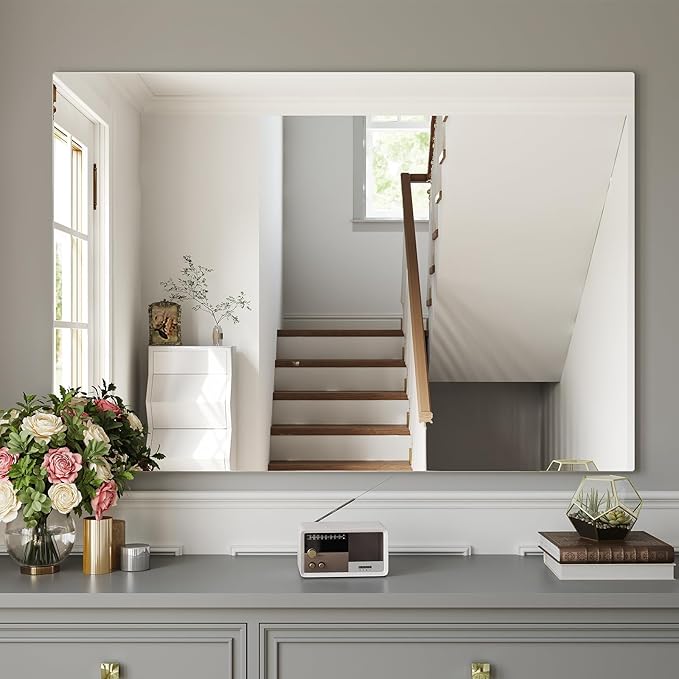 Frameless Mirror, 48"x30" Bathroom Mirrors for Over Sink, Large Tempered Glass Square Vanity Mirror, Wall Mirror for Living Room, Bedroom, Entryway, Gym, Yoga