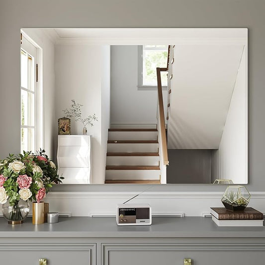 Frameless Mirror, 48"x30" Bathroom Mirrors for Over Sink, Large Tempered Glass Square Vanity Mirror, Wall Mirror for Living Room, Bedroom, Entryway, Gym, Yoga