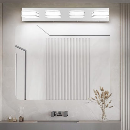 GOODATE 3 Color Temperature Dimmable Vanity Lights for Bathroom, LED Chrome 4 Light Vanity Lighting Fixtures, Acrylic Stainless Steel Oval Shade Bathroom Light Fixtures Over Mirror, ETL Certificated